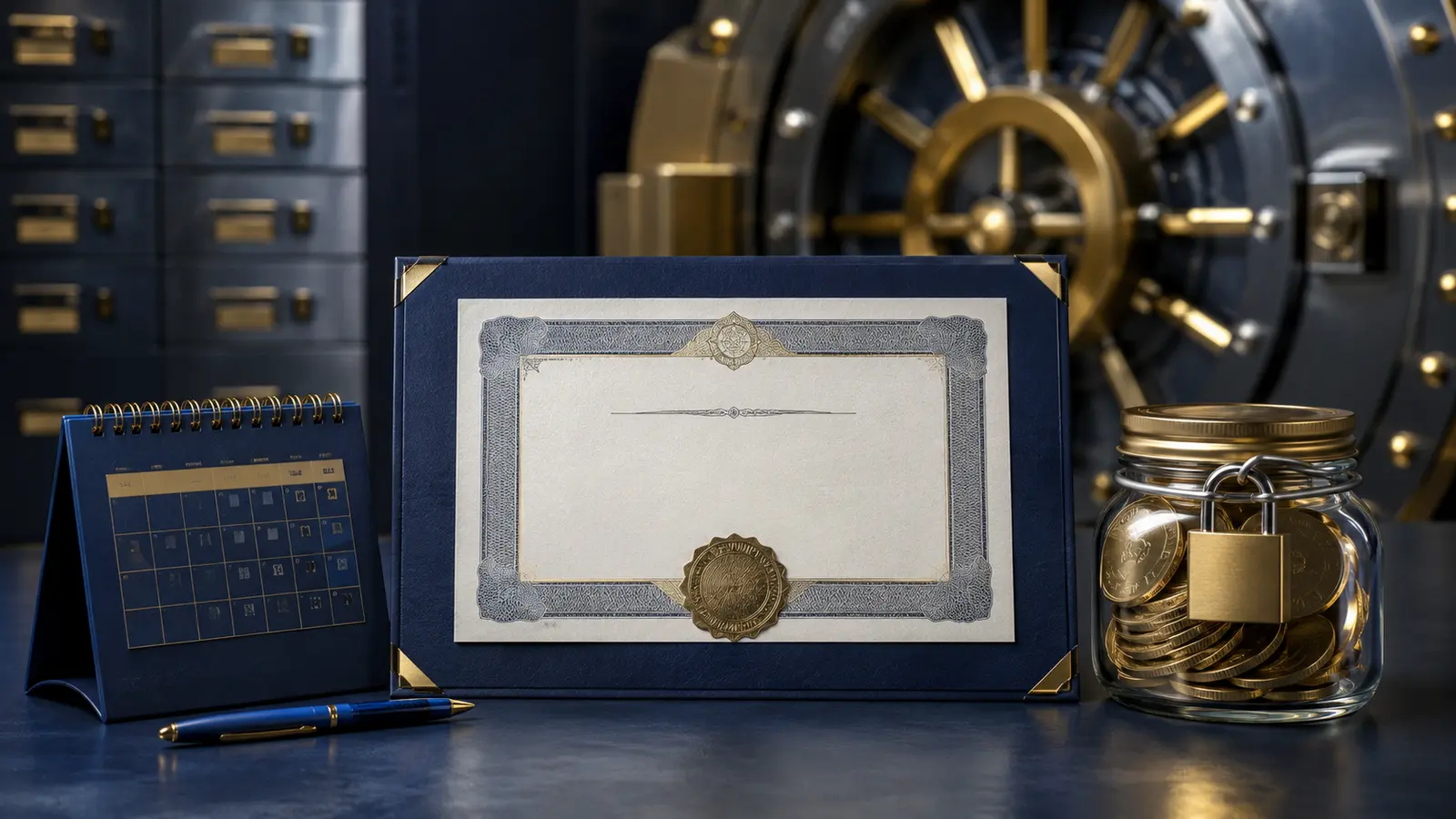 Traditional bank certificate of deposit with a vault and fixed-term calendar