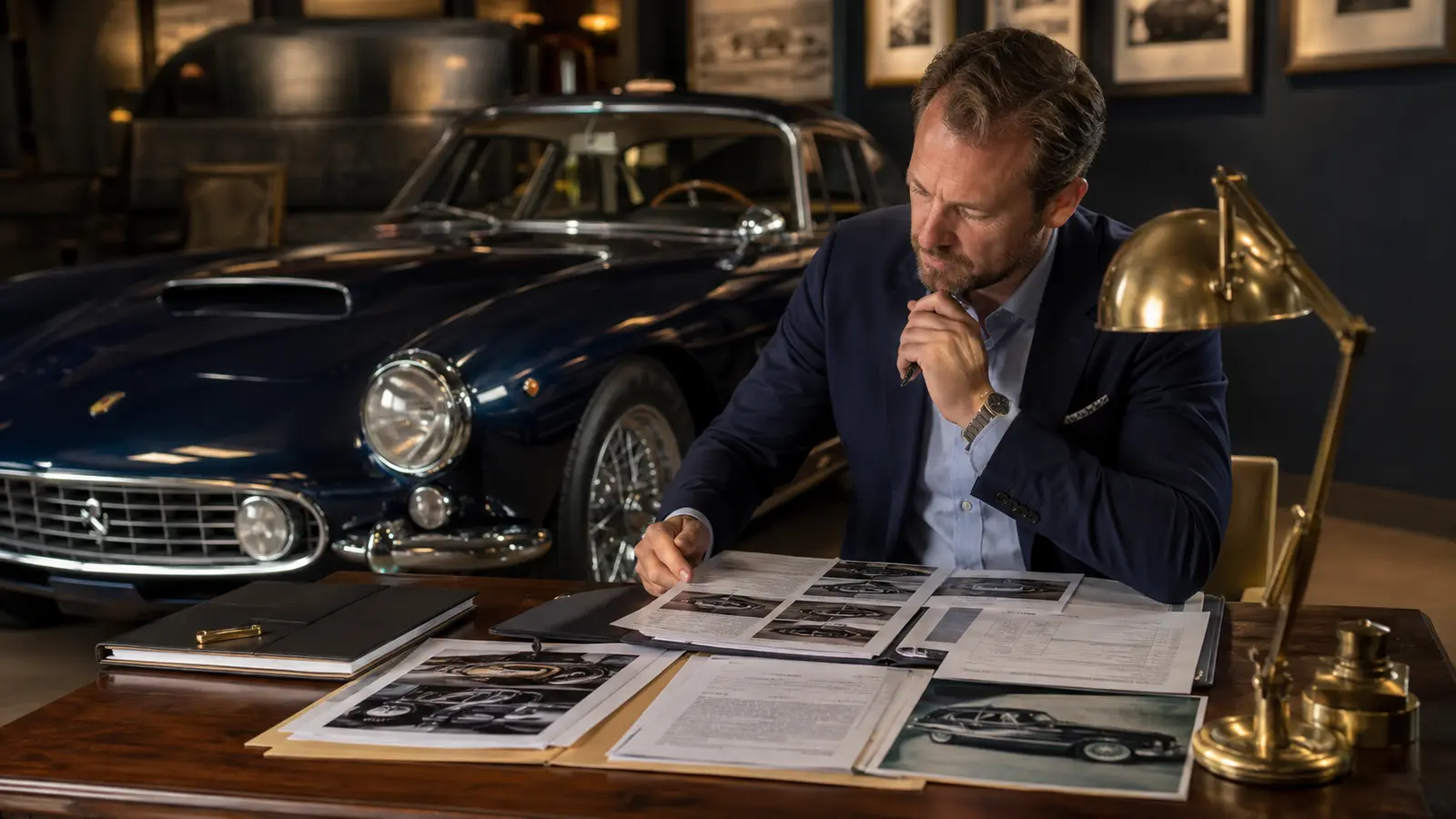 Adult analyst reviewing vehicle history, inspection, and comparable-sale records