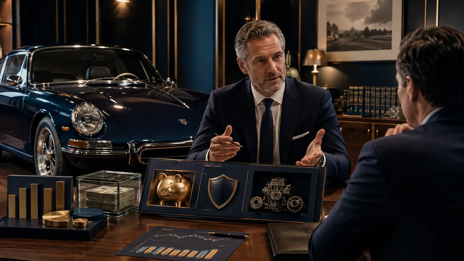 Adult advisor comparing collector-car exposure with diversified assets and reserves