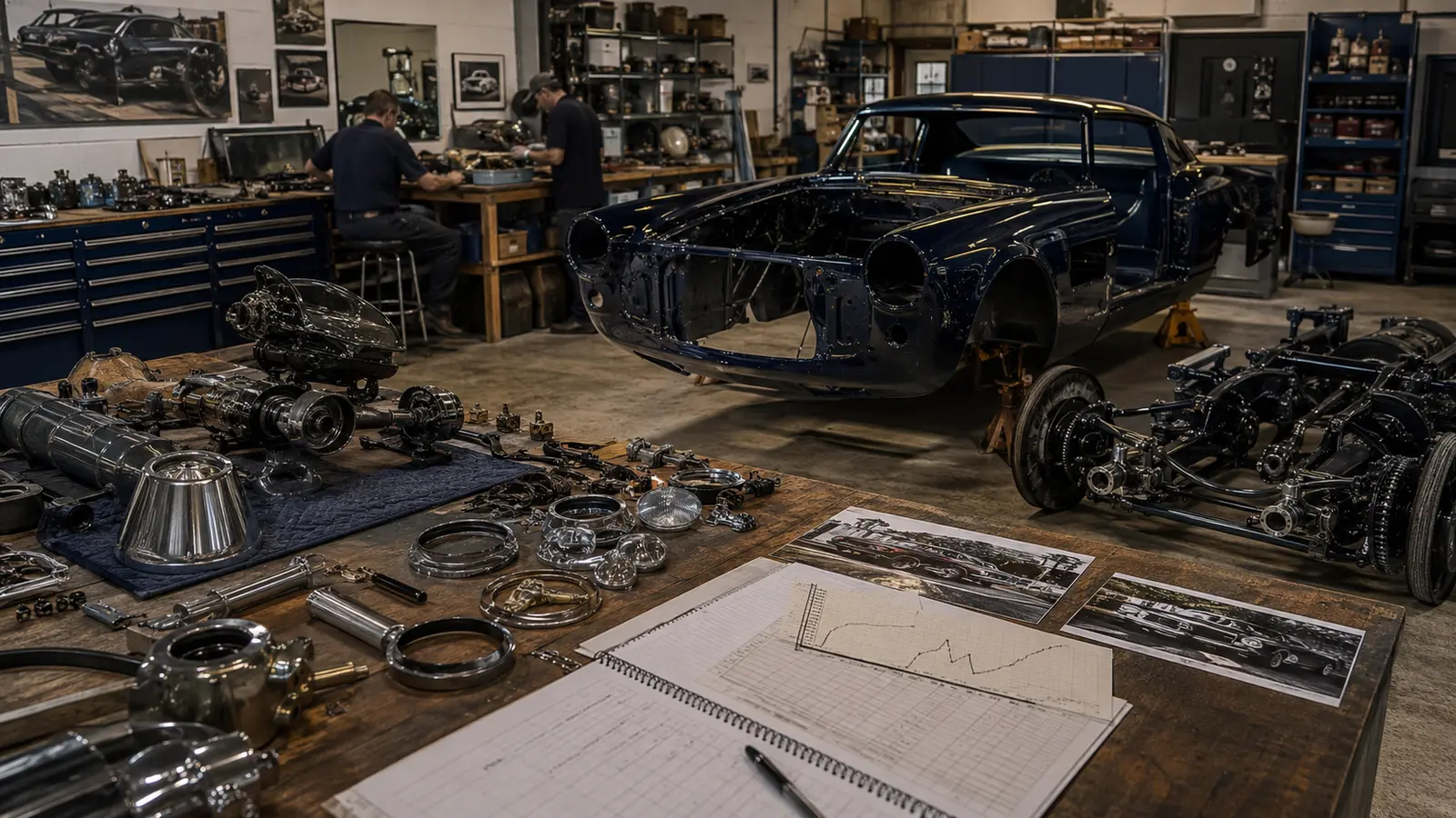 Classic-car restoration workshop with parts, documentation, and cost planning
