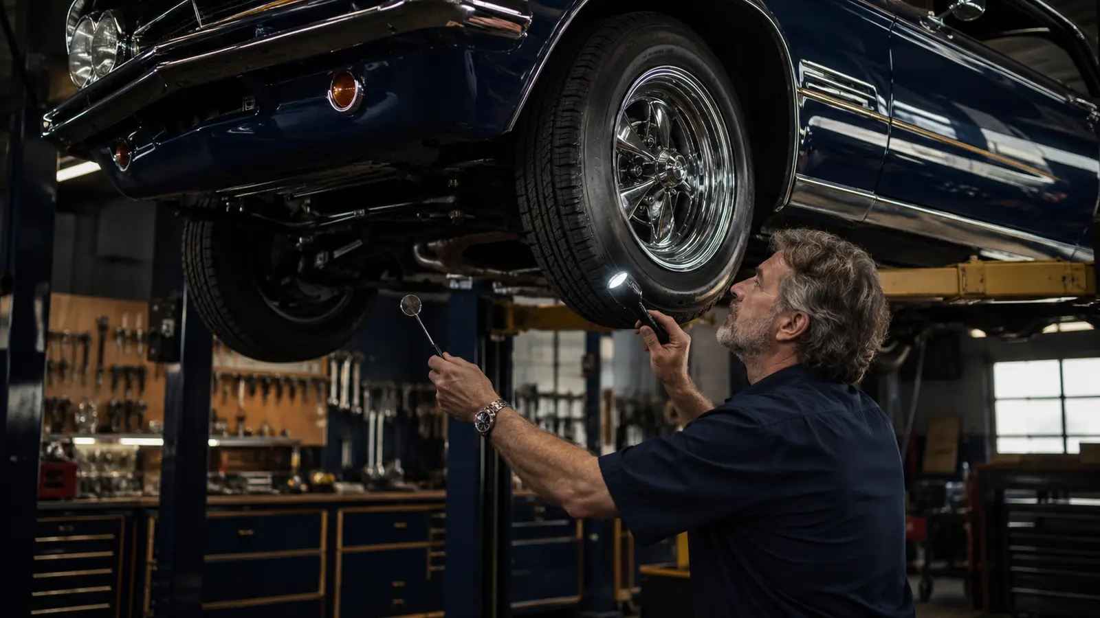 Independent specialist inspecting the chassis and mechanical condition of a classic car