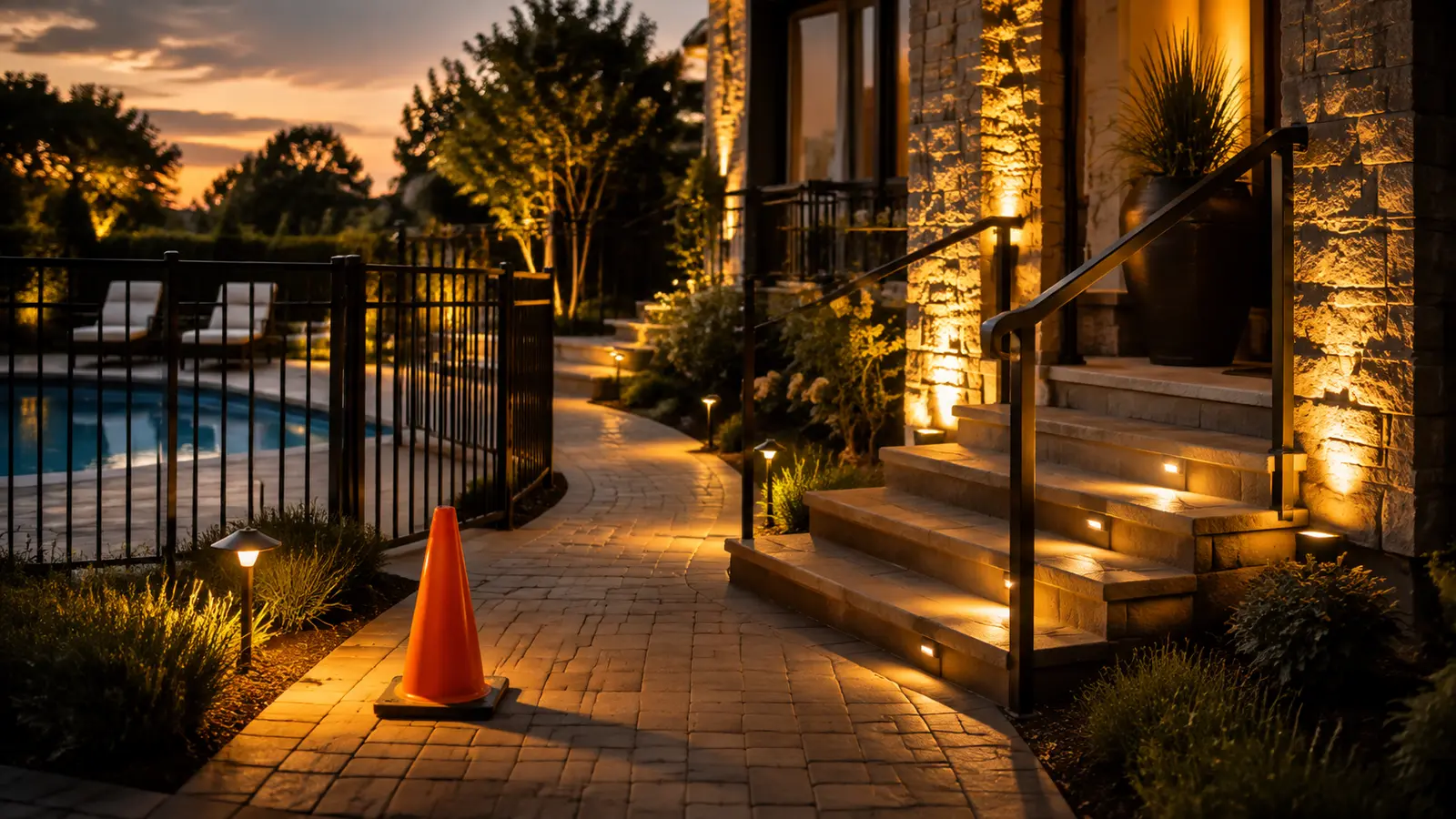 Home liability risk prevention with pool gate, handrail, and safe lighting