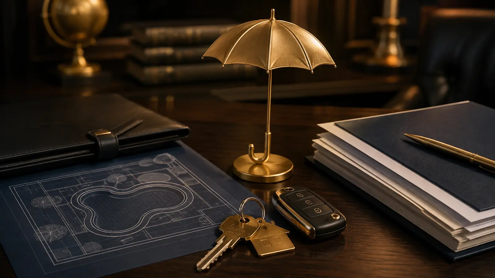 Household liability risk assessment with home, car, pool, and insurance documents