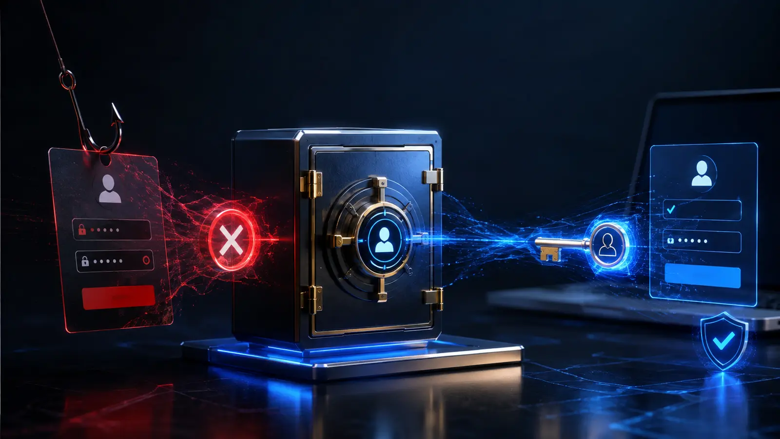 Passkey blocking a phishing login and connecting to the legitimate financial service