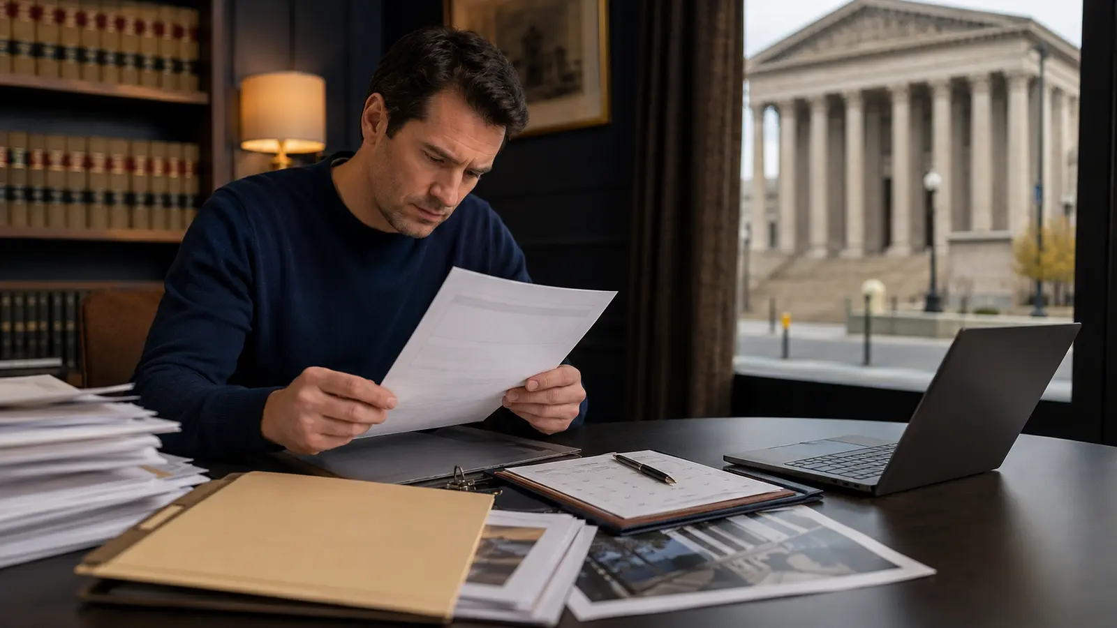 Defendant reviewing small claims papers, deadlines, and evidence