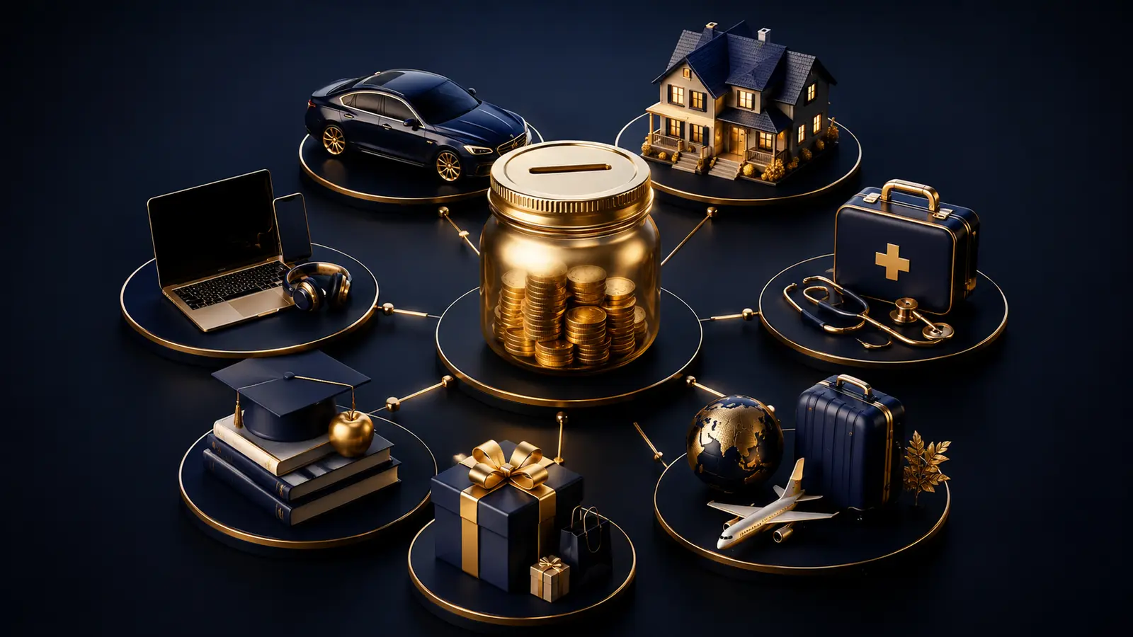 Common sinking fund categories including home, car, health, travel, gifts, and technology