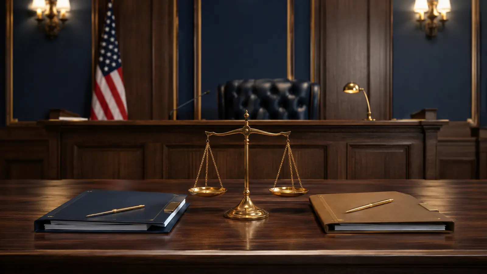 Small claims court process with organized case folders and a courtroom