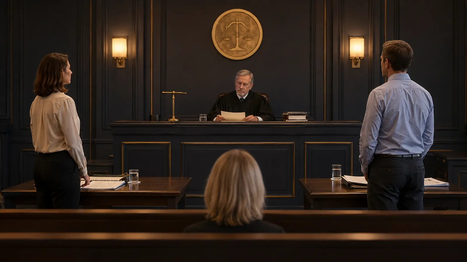 Calm small claims hearing with both parties presenting to a judge