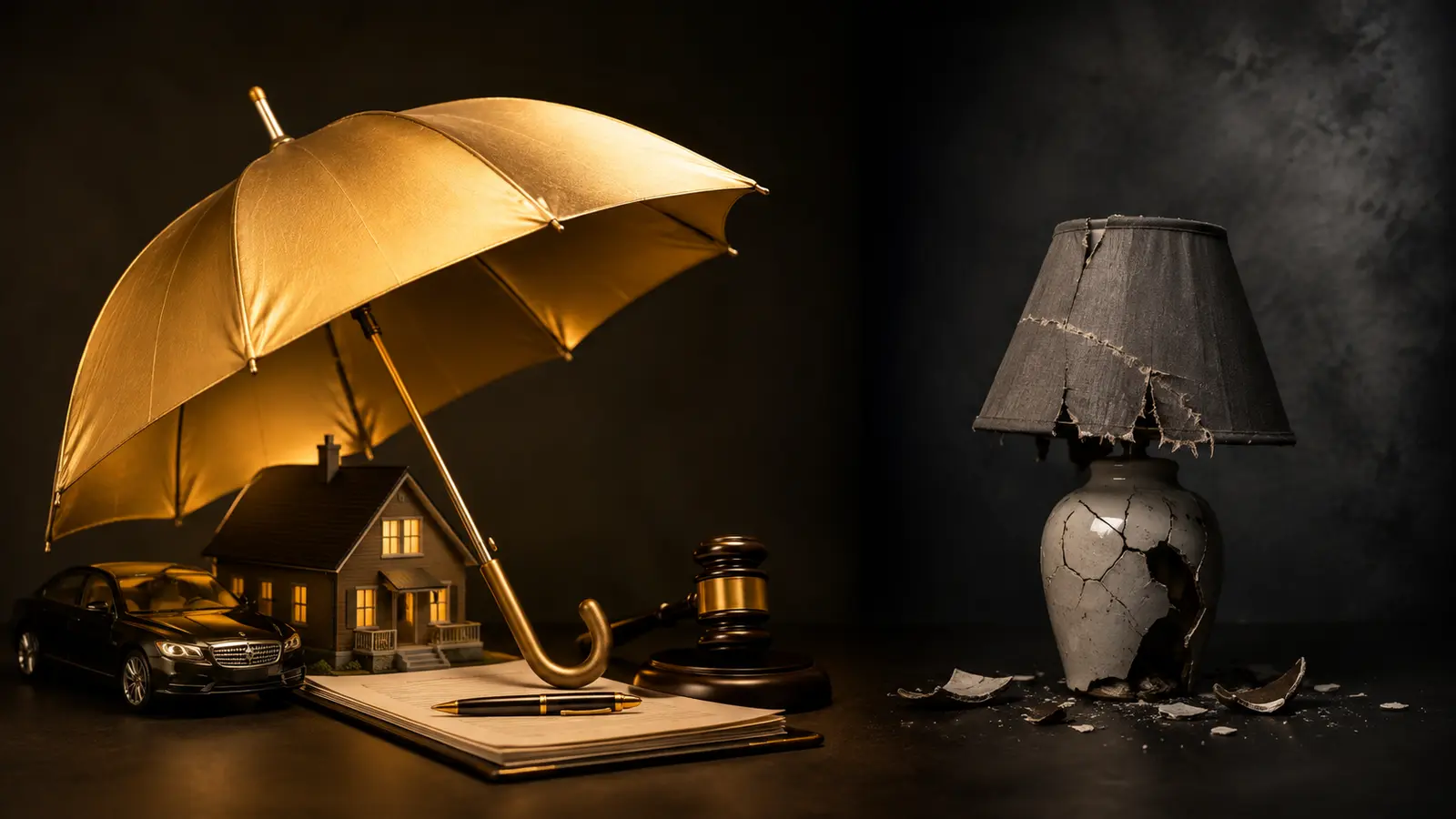 Umbrella insurance coverage and exclusions illustrated with protected assets and damaged property