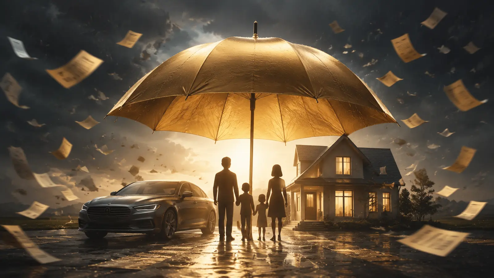 Golden umbrella protecting a family, home, and car from liability risks
