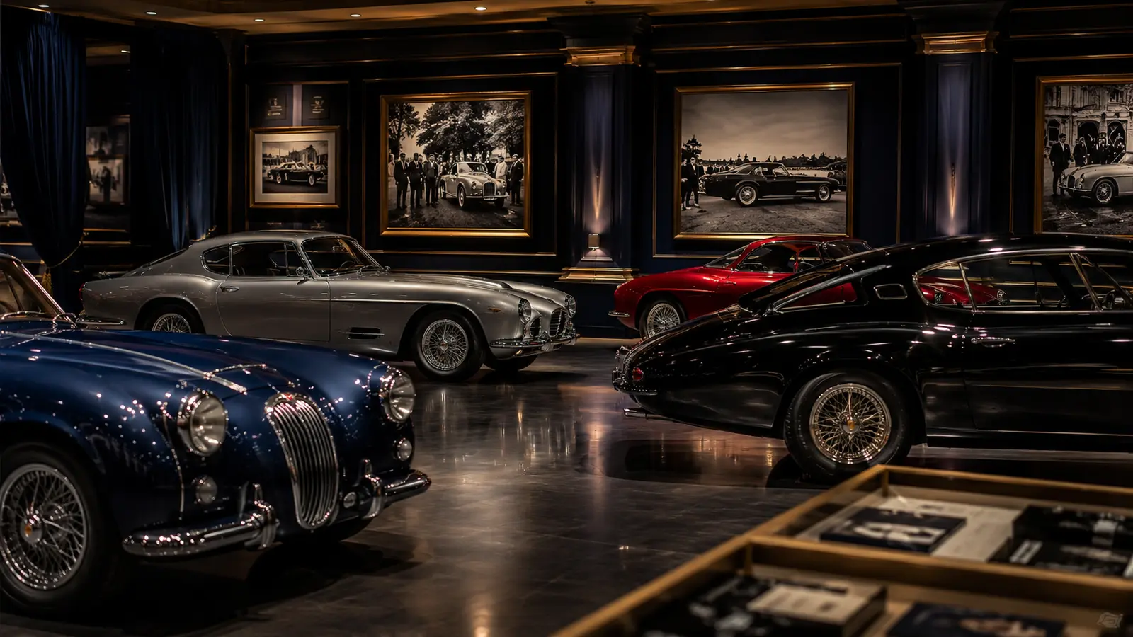 Classic cars displayed with archival history illustrating collectibility